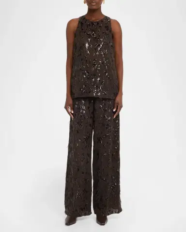 Brunello Cucinelli Animalier Sequined Fringe Silk Wide-Leg Trousers | Thumbnail 2