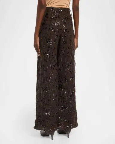 Brunello Cucinelli Animalier Sequined Fringe Silk Wide-Leg Trousers | Thumbnail 3