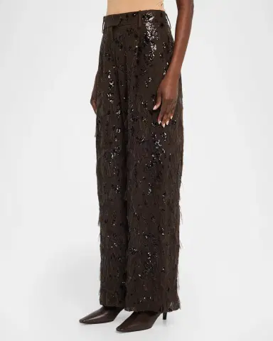 Brunello Cucinelli Animalier Sequined Fringe Silk Wide-Leg Trousers | Thumbnail 4