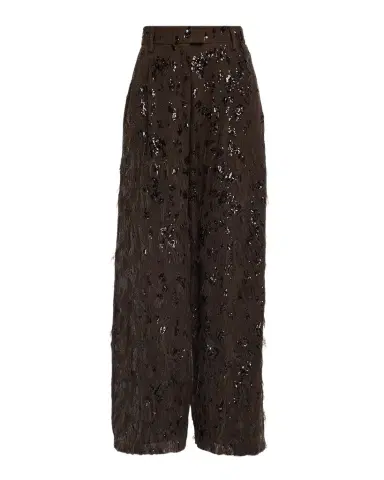 Brunello Cucinelli Animalier Sequined Fringe Silk Wide-Leg Trousers | Thumbnail 1