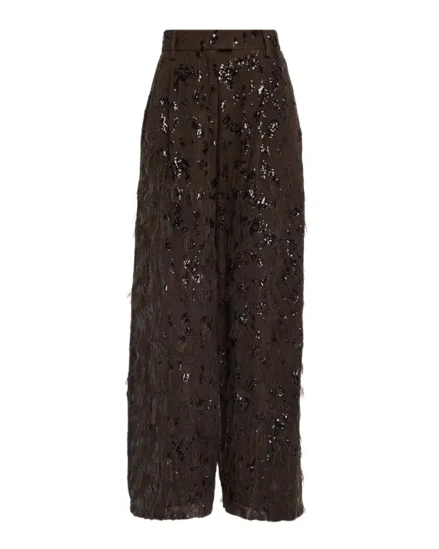 Brunello Cucinelli Animalier Sequined Fringe Silk Wide-Leg Trousers