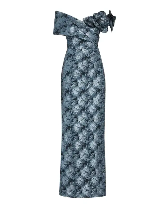 Rickie Freeman for Teri Jon 3D Floral Metallic Jacquard Column Gown