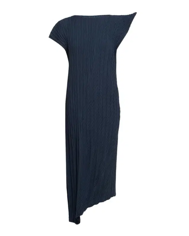 Issey Miyake Unfurling Pleats Cap-Sleeve Asymmetric Midi Dress