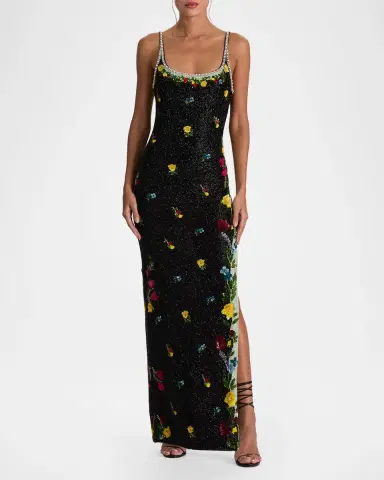 Alice + Olivia Julia Beaded Floral Sequin Column Gown | Thumbnail 2