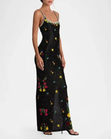 Alice + Olivia Julia Beaded Floral Sequin Column Gown | Thumbnail 4