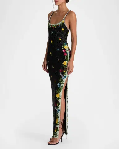 Alice + Olivia Julia Beaded Floral Sequin Column Gown | Thumbnail 6
