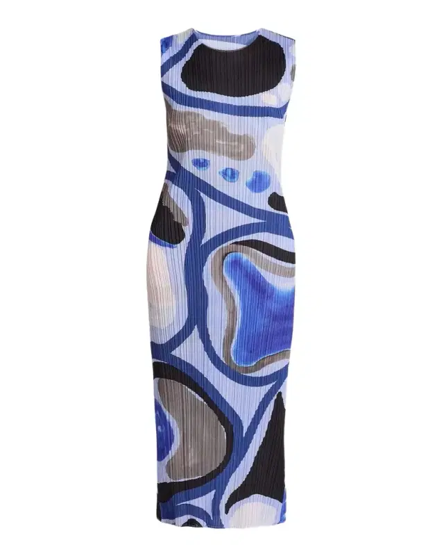 Issey Miyake Roll Printed Plisse Sleeveless Midi Dress