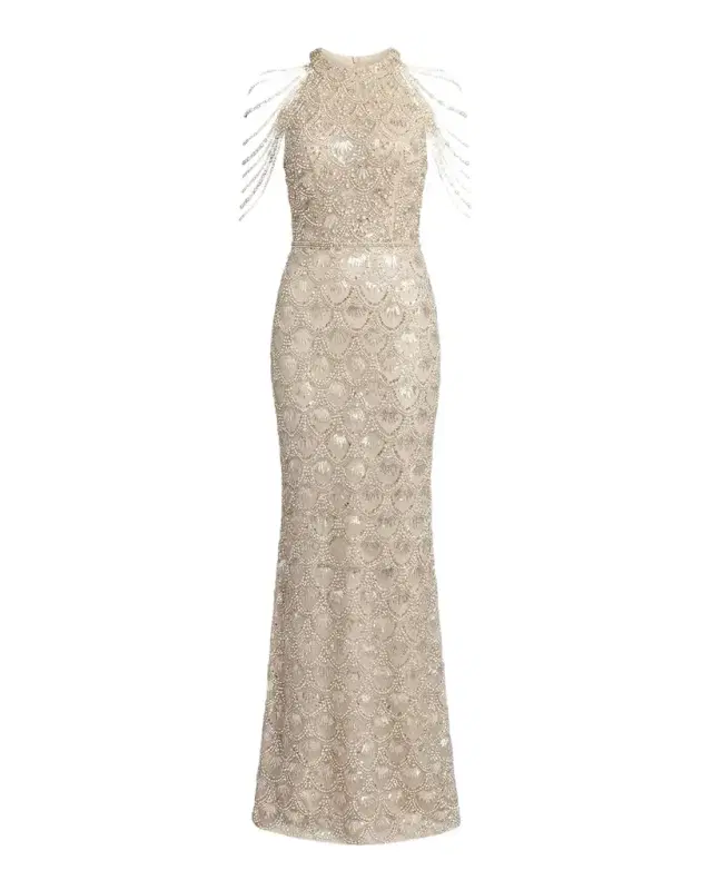 Mac Duggal Petite Draped Beaded Column Gown