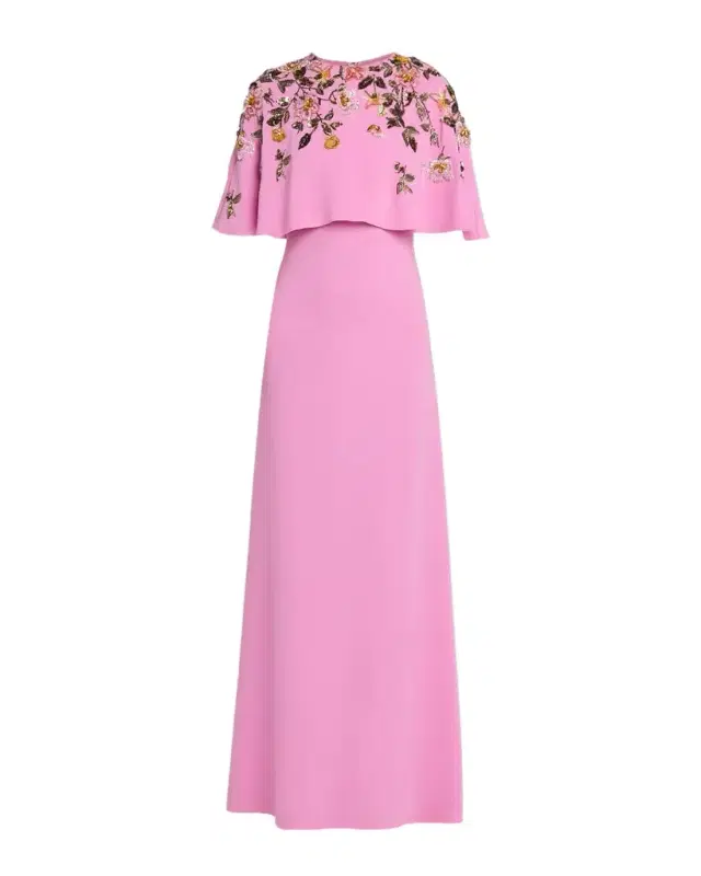 Oscar de la Renta Floral Beaded Capelet Silk Georgette Gown