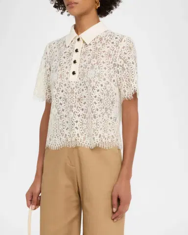 Tanya Taylor Gwen Lace Polo Top | Thumbnail 4