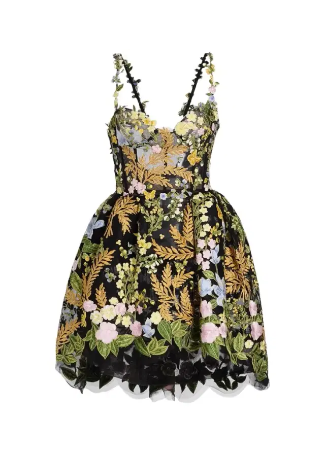 Oscar de la Renta Mixed Botanical Embroidered Tulle High-Low Bustier Dress