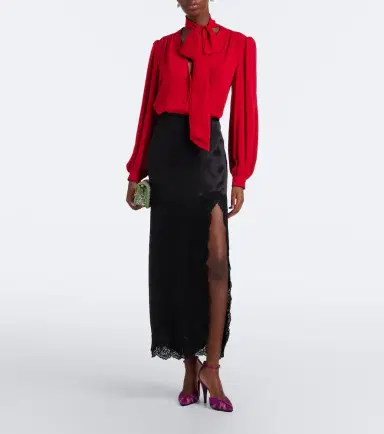 Valentino Lace-trimmed silk crêpe satin midi skirt | Thumbnail 6