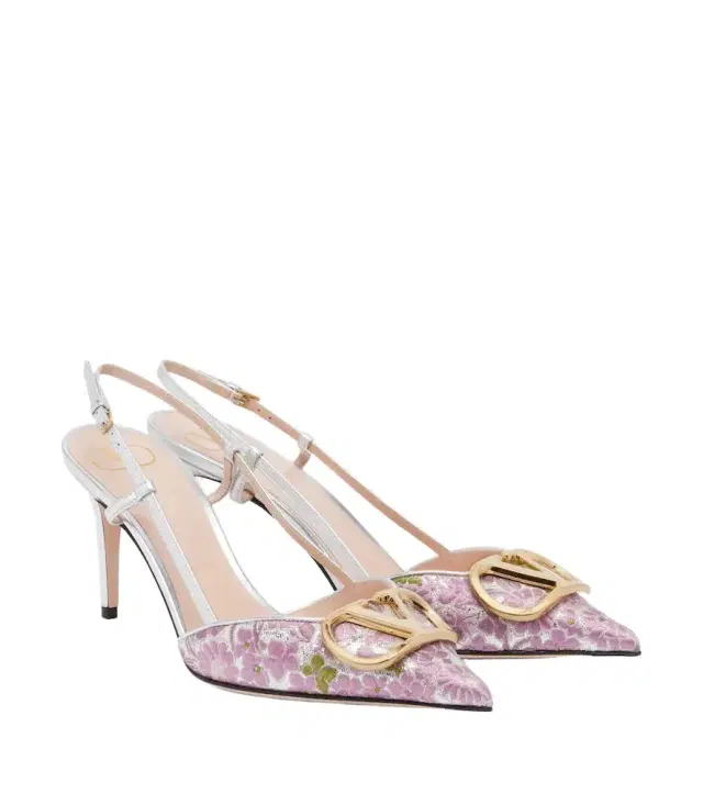 VLogo floral leather-trimmed slingback pumps
