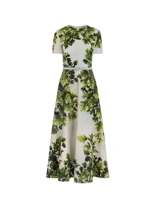 Oscar de la Renta Maple Leaves Cotton Poplin Dress
