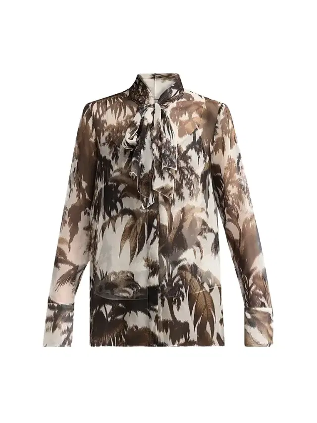 Oscar de la Renta Women's Palm Leaves Silk Chiffon Blouse - Espresso