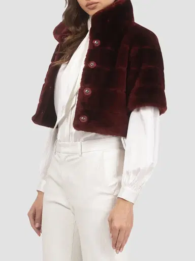 Gorski Women's Reversible Lamb Bolero, Cropped Sleeves - Wine | Thumbnail 4 Gorski Women's Reversible Lamb Bolero, Cropped Sleeves - Wine | Thumbnail 4