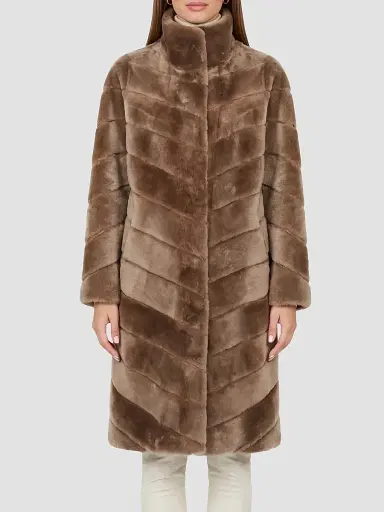 Gorski Women's Reversible Merino Shearling Lamb Chevron Short Coat - Camel | Thumbnail 3 Gorski Women's Reversible Merino Shearling Lamb Chevron Short Coat - Camel | Thumbnail 3