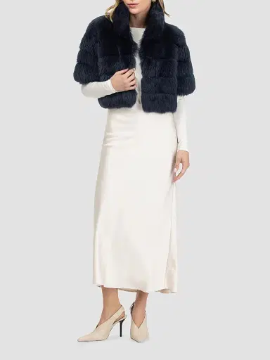Gorski Women's Reversible Merinillo Lamb Bolero with Cropped Sleeves - Navy - Size Small | Thumbnail 2