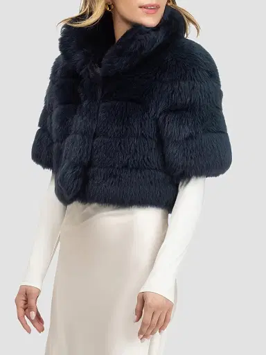 Gorski Women's Reversible Merinillo Lamb Bolero with Cropped Sleeves - Navy - Size Small | Thumbnail 4