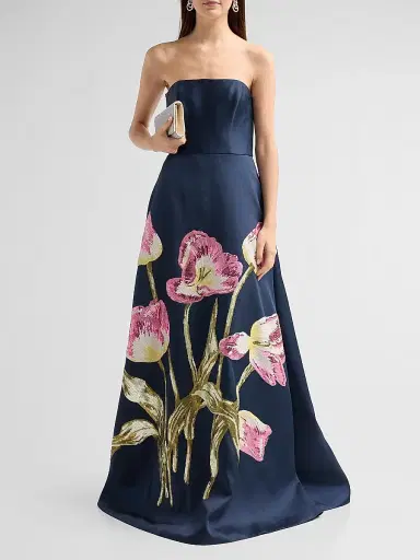 Amsale Women's Brocade Strapless Watteau Gown - Navy | Thumbnail 2