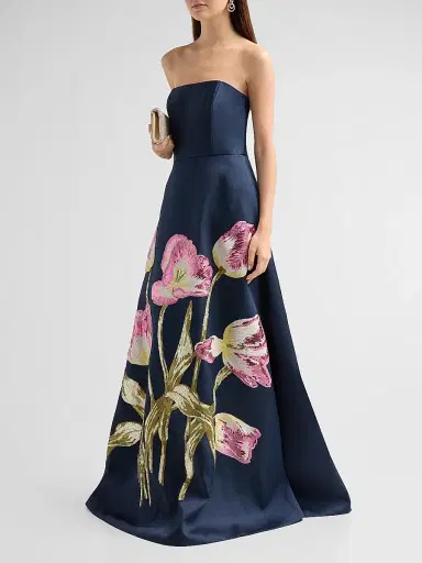 Amsale Women's Brocade Strapless Watteau Gown - Navy | Thumbnail 4