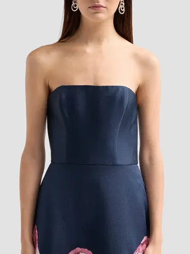 Amsale Women's Brocade Strapless Watteau Gown - Navy | Thumbnail 5