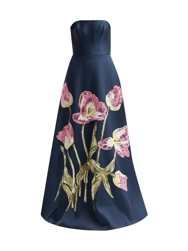Amsale Women's Brocade Strapless Watteau Gown - Navy