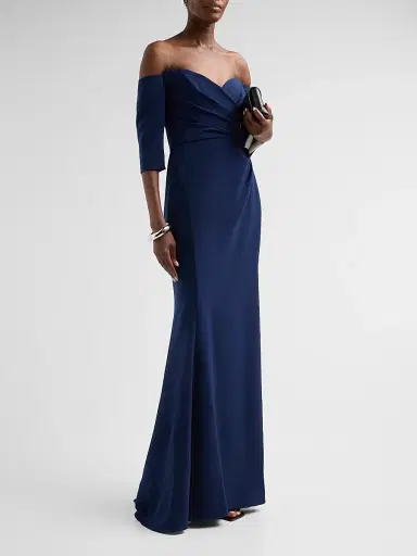 Amsale Women's Stretch Crepe Off-The-Shoulder Gown - Navy | Thumbnail 4