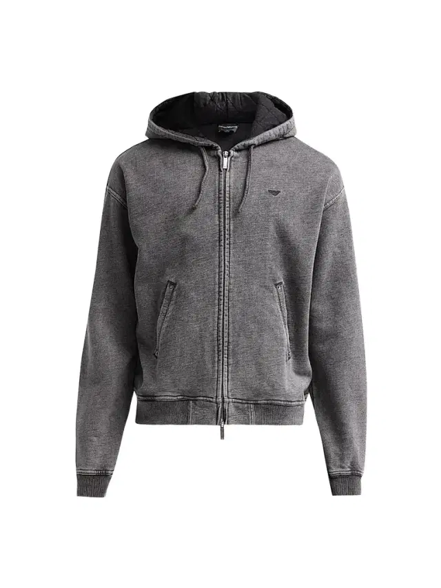 Emporio Armani Men's Washed Cotton Full-Zip Hoodie - Solid Black - Size XXL