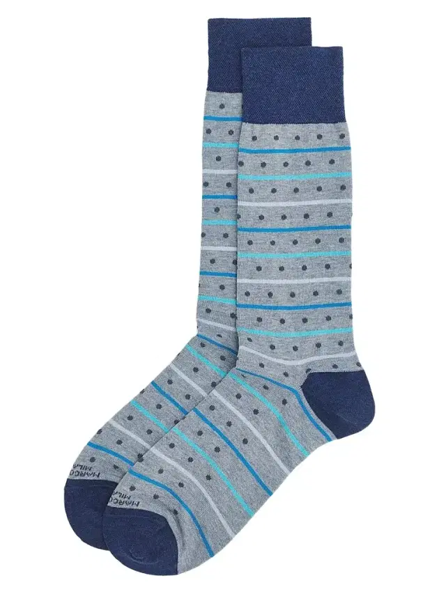 Marcoliani Men's Stripe Dots Cotton-Nylon Socks - Light Blue Denim