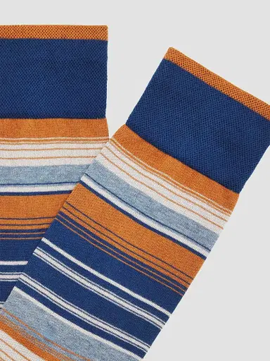 Marcoliani Men's Shaded Stripe Pima Cotton Mid-Calf Socks - Blue Beige | Thumbnail 2
