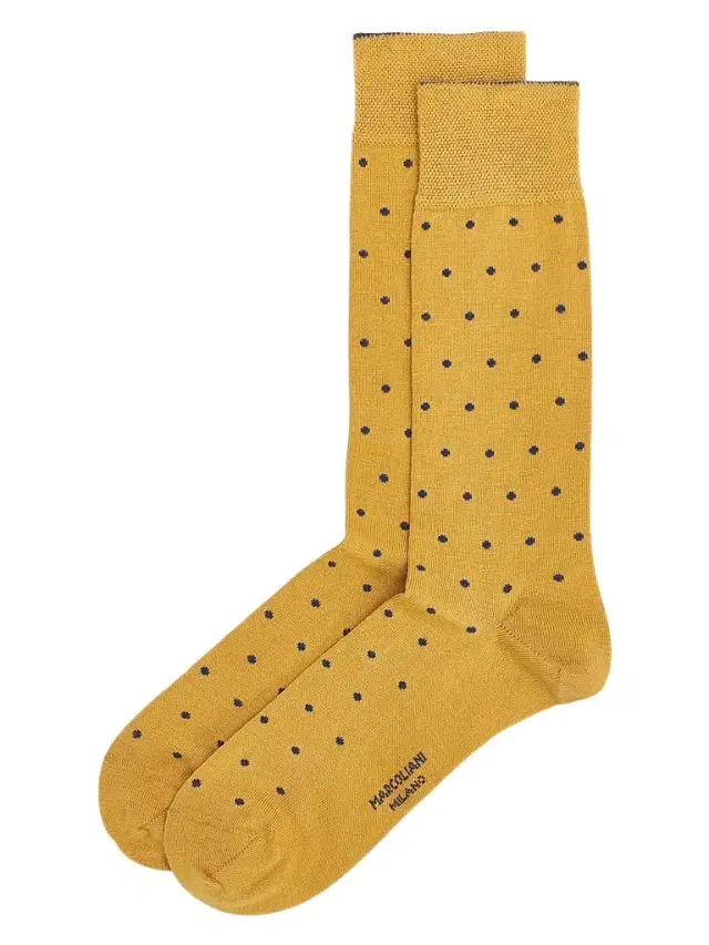 Marcoliani Men's Polka Dot Contrast-Trim Merino Wool Mid-Calf Socks - Caramel