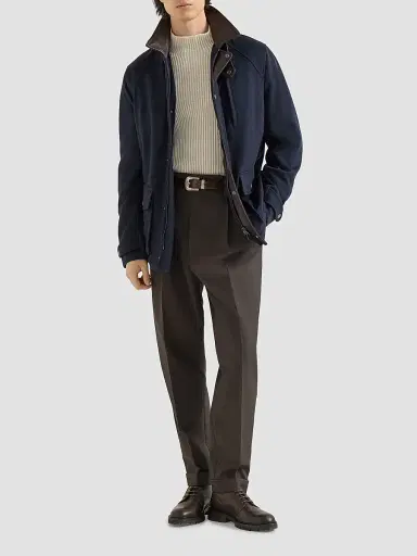 Brunello Cucinelli Men's Virgin Wool Cloth Field Jacket with Nappa Leather Inserts - Blue | Thumbnail 2 Brunello Cucinelli Men's Virgin Wool Cloth Field Jacket with Nappa Leather Inserts - Blue | Thumbnail 2