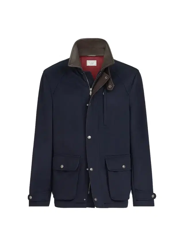Brunello Cucinelli Men's Virgin Wool Cloth Field Jacket with Nappa Leather Inserts - Blue