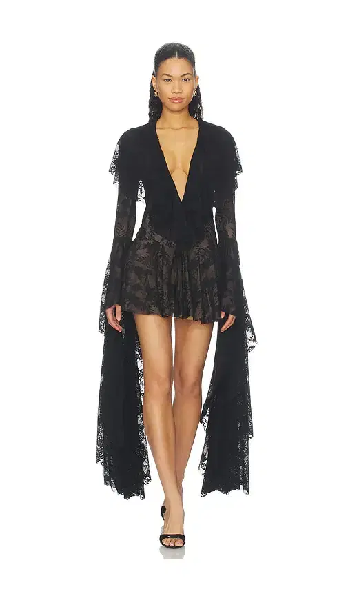 Norma Kamali Xl Sleeve Deep V Ruffle Mini Dress
