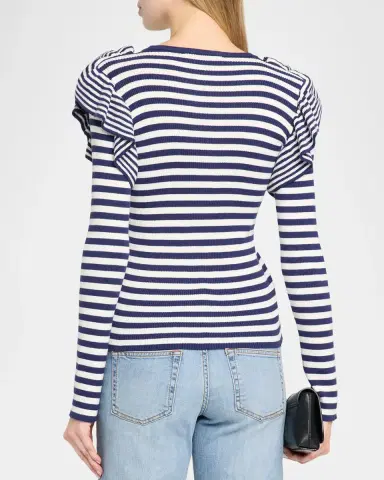 MAISON COMMON Striped Cotton Rib Ruffle-Shoulder Sweater | Thumbnail 3