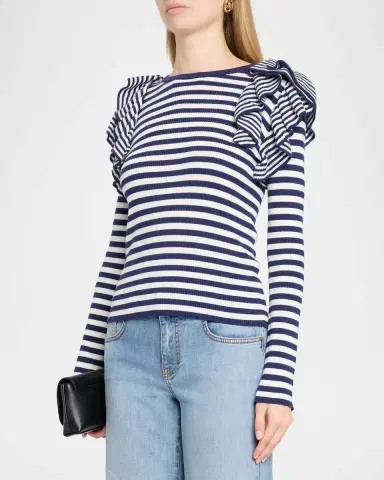 MAISON COMMON Striped Cotton Rib Ruffle-Shoulder Sweater | Thumbnail 4