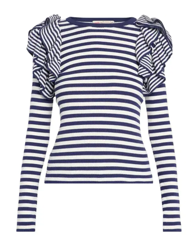 MAISON COMMON Striped Cotton Rib Ruffle-Shoulder Sweater