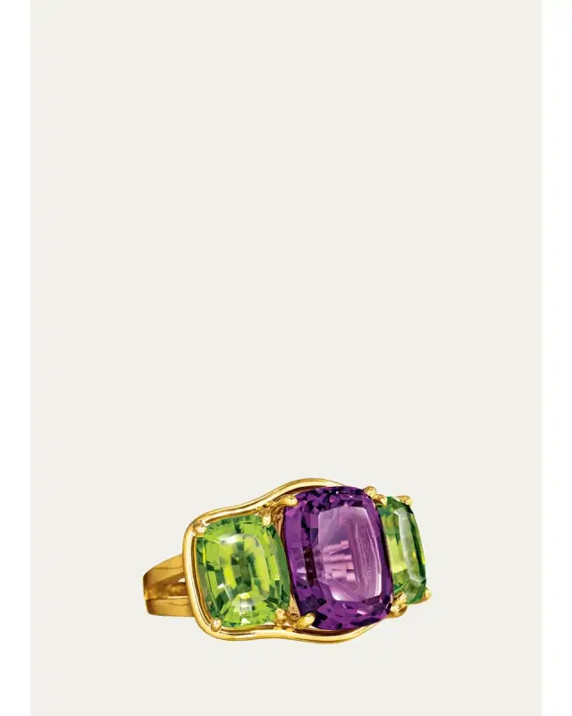 VERDURA 18K Yellow Gold Amethyst and Peridot 3-Stone Ring