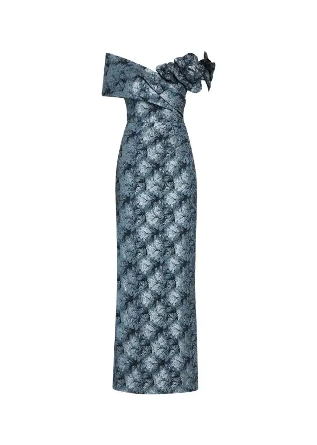 Rickie Freeman for Teri Jon 3D Floral Metallic Jacquard Column Gown