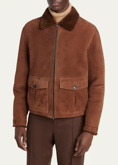 Zegna Men's Suede Short Shearling-Collar Aviator Jacket | Thumbnail 4