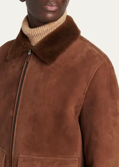 Zegna Men's Suede Short Shearling-Collar Aviator Jacket | Thumbnail 5