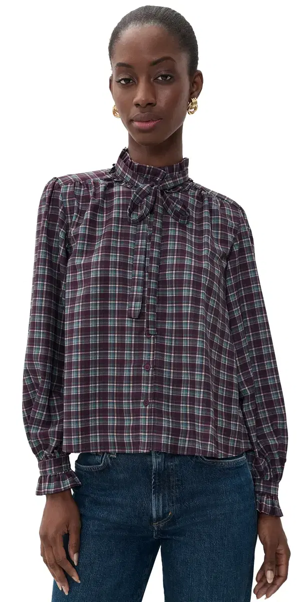 ASTR The Label Alyssa Ruffle Collar Top Eggplant Plaid