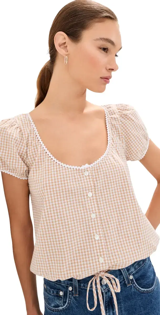 LE BOP Babydoll Blouse Khaki Gingham