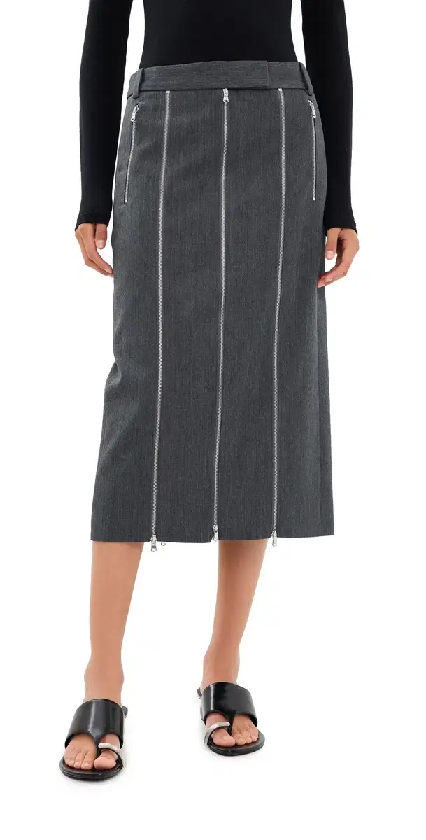 Tibi Gossamer Wool Melange Zip Midi Trouser Skirt Heather Grey