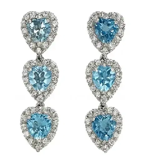 Wish Fine Jewelry 2.4ct Heart Aquamarine Diamond 18K Gold Halo Linear Earrings