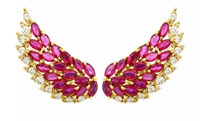 Wish Fine Jewelry 3.70ct Diamond Ruby 18K Gold Wing Climber Earrings