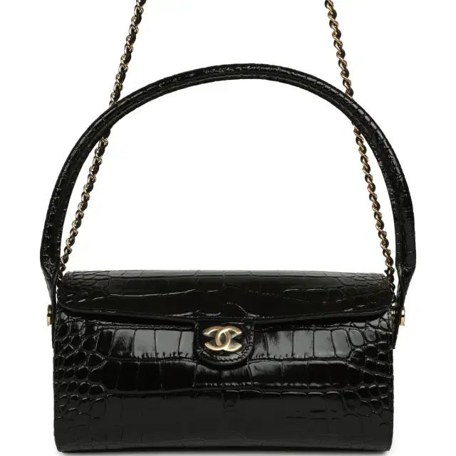 Chanel Chanel Barrel Clutch Bag with Chain Black Croc Embossed Calfskin Gold Hardware