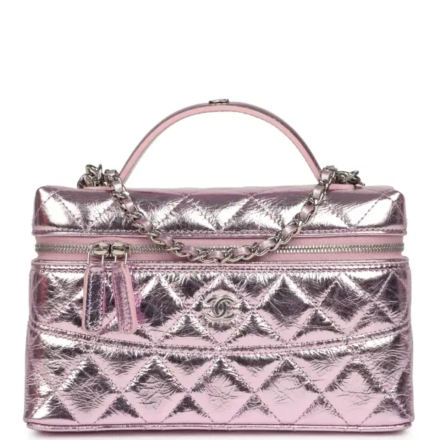 Chanel Chanel Trendy Top Handle Long Vanity Case with Chain Pink Metallic Calfskin Silver Hardware