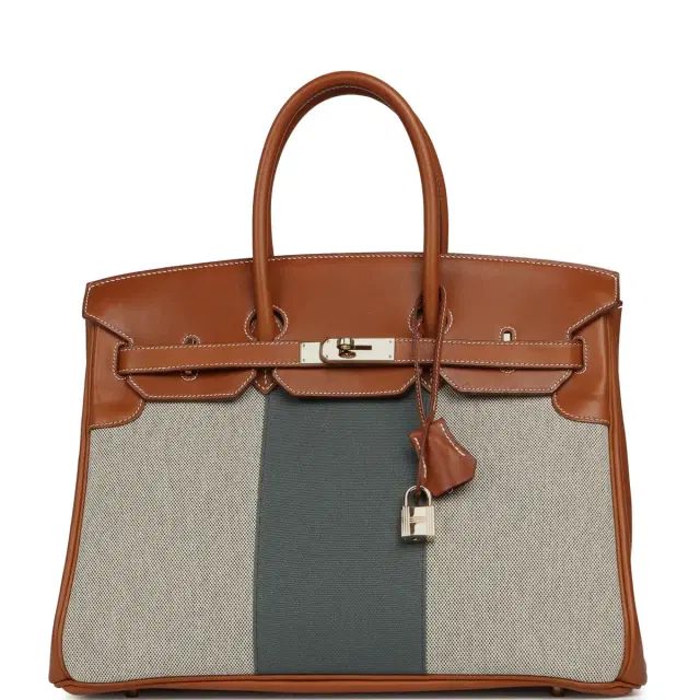 HERMÈS Pre-owned Hermes Birkin 35 Flag Fauve Barenia, Ecru-Black Toile, Bleu Orage Toile Canvas Permabrass Hardware
